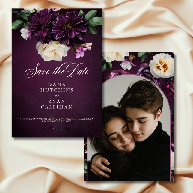 Elegant Lavender & Burgundy Floral Script Wedding Save The Date (Elegant Lavender & Burgundy Floral Script Wedding Photo Save the Date)