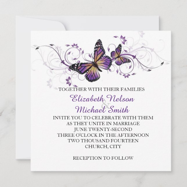 Elegant Lavender Butterfly Swirls Wedding Invite (Front)