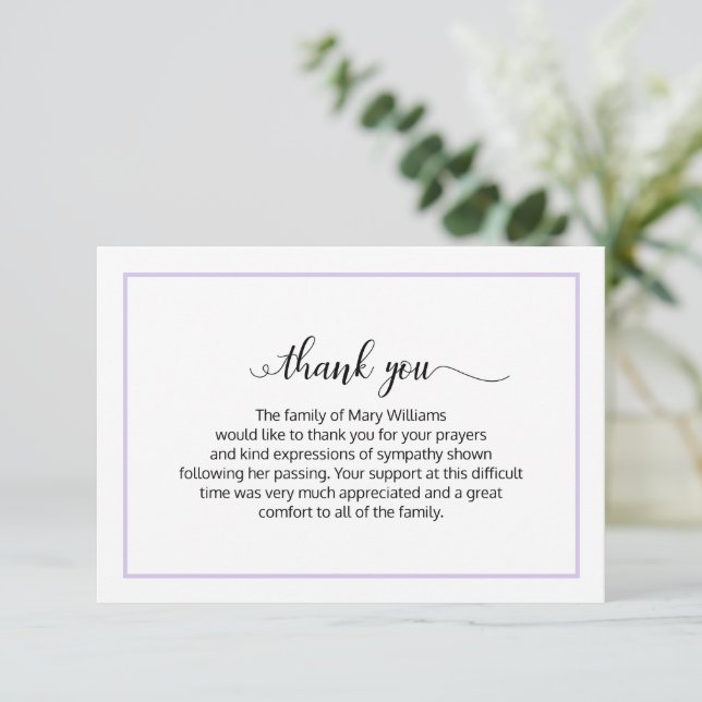 Elegant Lavender Calligraphy Funeral Thank You (Standing Front)