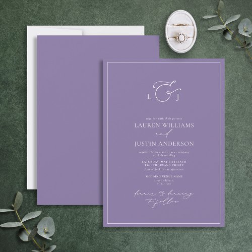 Elegant Lavender Calligraphy Monogram Wedding Invitation