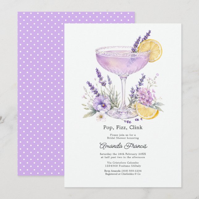 Elegant Lavender Cocktail Floral Bridal Shower Invitation (Front/Back)