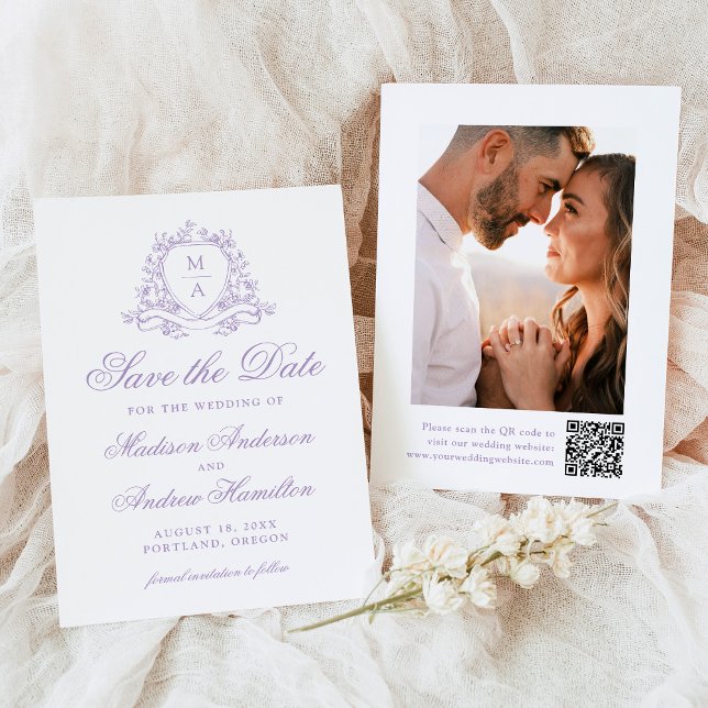 Elegant Lavender Crest Monogram Photo Wedding Save The Date (Creator Uploaded)