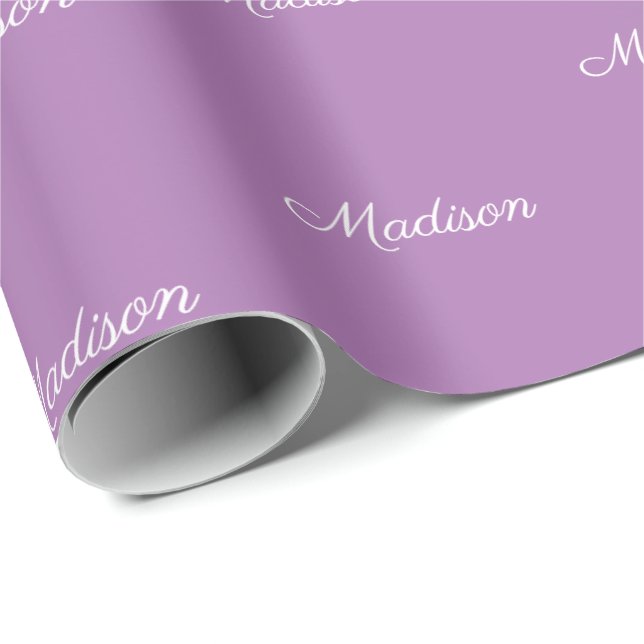 Elegant lavender custom script name text birthday wrapping paper (Roll Corner)