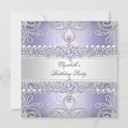 Elegant Lavender Diamonds Silver Floral Birthday Invitation
