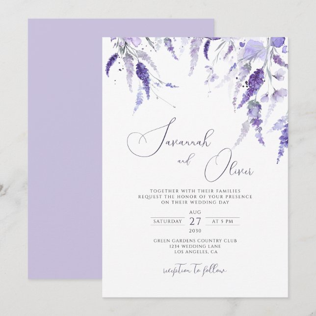 Elegant Lavender Dusty Purple Floral LilacWedding  Invitation (Front/Back)