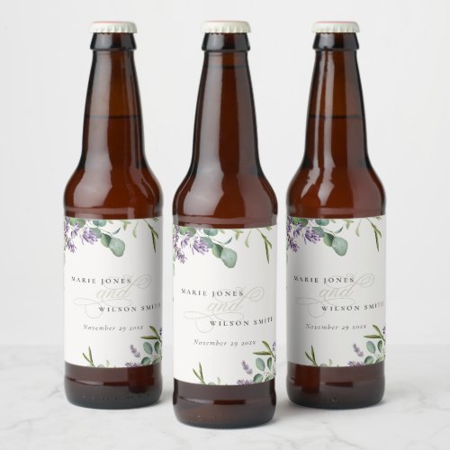 Elegant Lavender Eucalyptus Leafy Foliage Wedding Beer Bottle Label