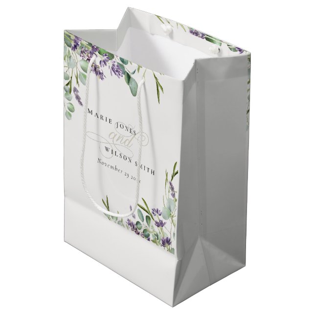 Elegant Lavender Eucalyptus Leafy Foliage Wedding Medium Gift Bag (Front Angled)