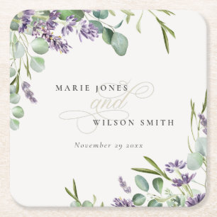 Elegant Lavender Eucalyptus Leafy Foliage Wedding Square Paper Coaster
