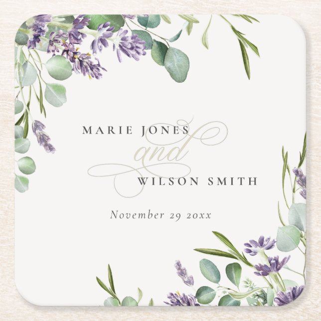 Elegant Lavender Eucalyptus Leafy Foliage Wedding Square Paper Coaster (Front)