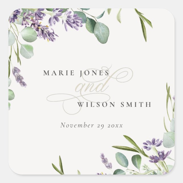 Elegant Lavender Eucalyptus Leafy Foliage Wedding Square Sticker (Front)