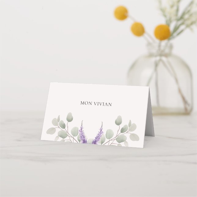 Elegant Lavender Eucalyptus Leaves Name  Place Card (Front)