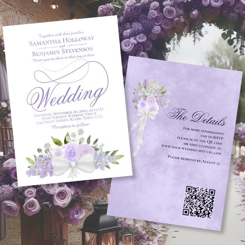 Elegant Lavender Floral Bouquet QR Code Wedding Invitation