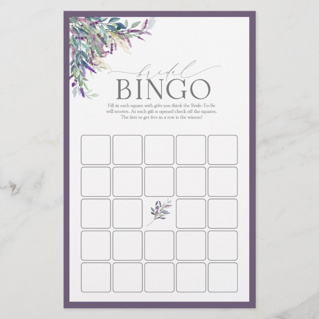 Elegant Lavender Floral Bridal Shower Bingo Game (Front)