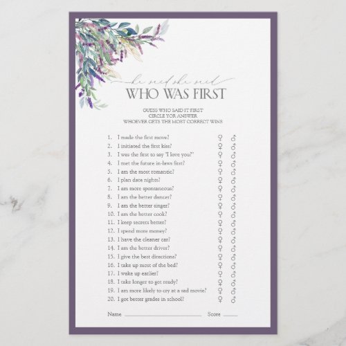 Elegant Lavender Floral Bridal Shower Game