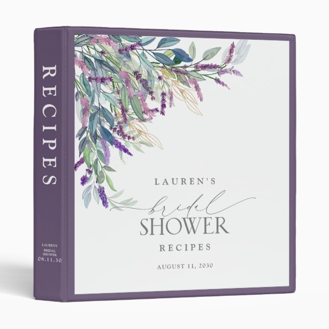 Elegant Lavender Floral Bridal Shower Recipe 3 Ring Binder (Front/Spine)