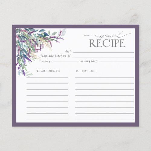 Elegant Lavender Floral Bridal Shower Recipe Card