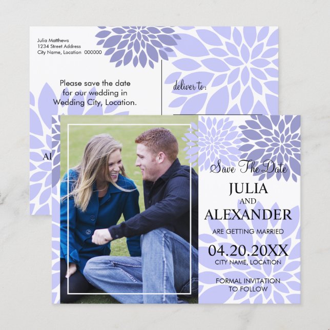 Elegant Lavender Floral Burst Photo Save The Date Announcement Postcard (Front/Back)