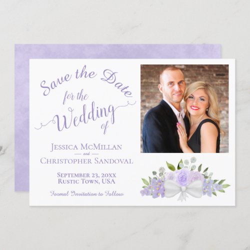 Elegant Lavender Floral Calligraphy Photo Wedding Save The Date
