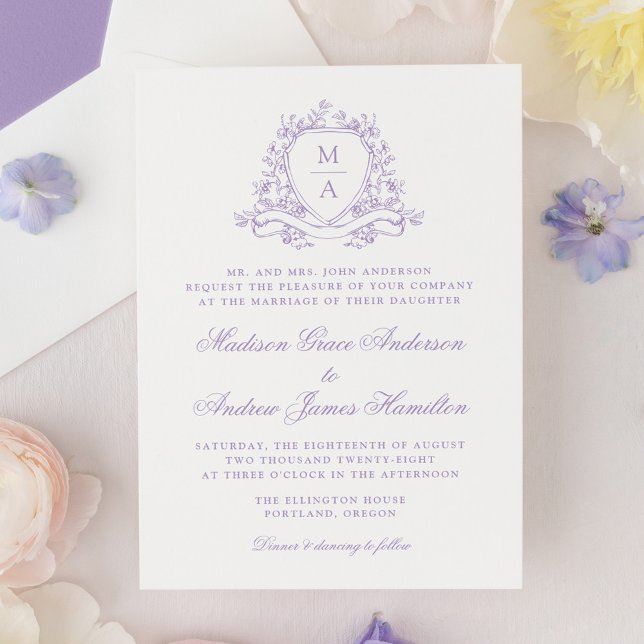 Elegant Lavender Floral Crest Monogram Wedding Invitation (Creator Uploaded)