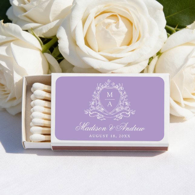 Elegant Lavender Floral Crest Monogram Wedding Matchboxes (Creator Uploaded)