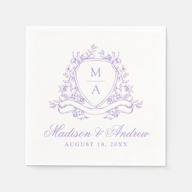 Elegant Lavender Floral Crest Monogram Wedding Napkins (Front)