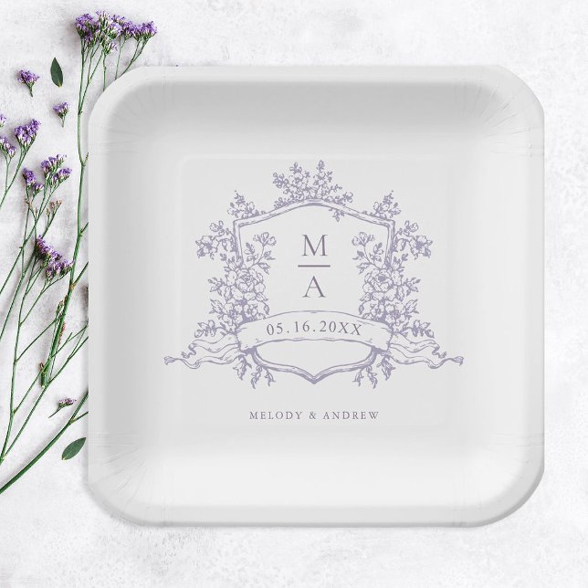 Elegant Lavender Floral Crest Monogram Wedding Paper Plates (Creator Uploaded)