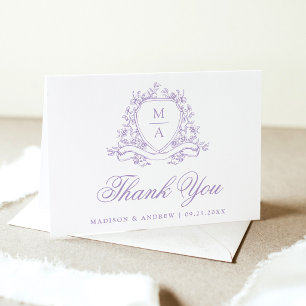 Elegant Lavender Floral Crest Monogram Wedding Thank You Card