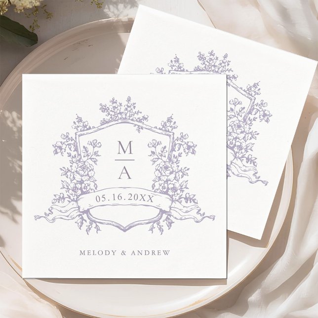 Elegant Lavender Floral Crest Monograms Wedding Napkins (Creator Uploaded)