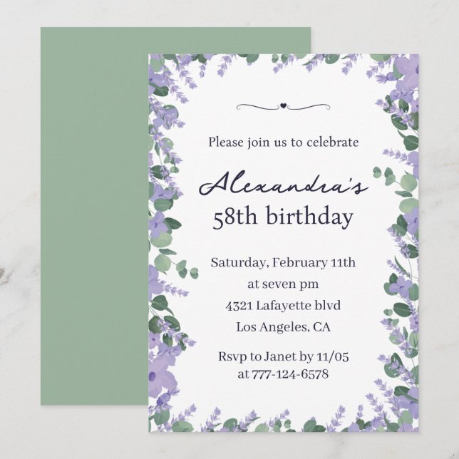 Elegant Lavender Floral Frame 58th birthday Invitation (Front/Back)