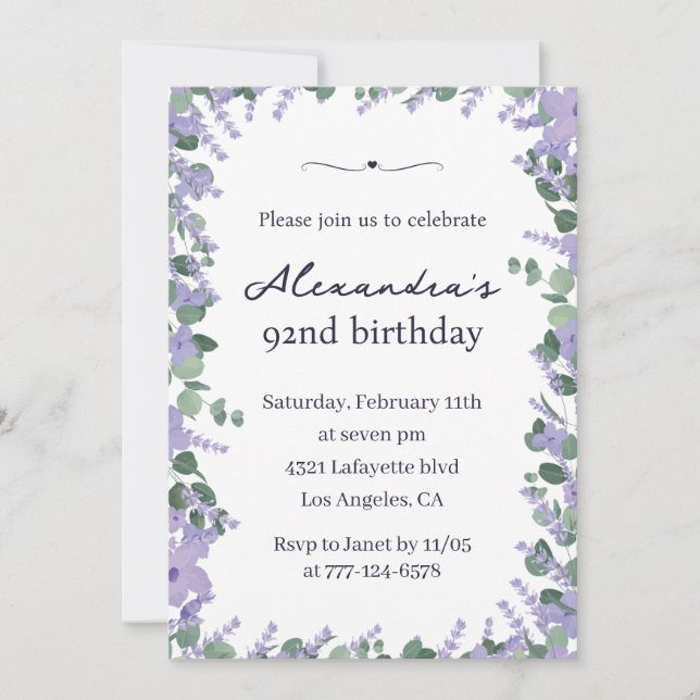 Elegant Lavender Floral Frame 92nd birthday Invitation (Front)