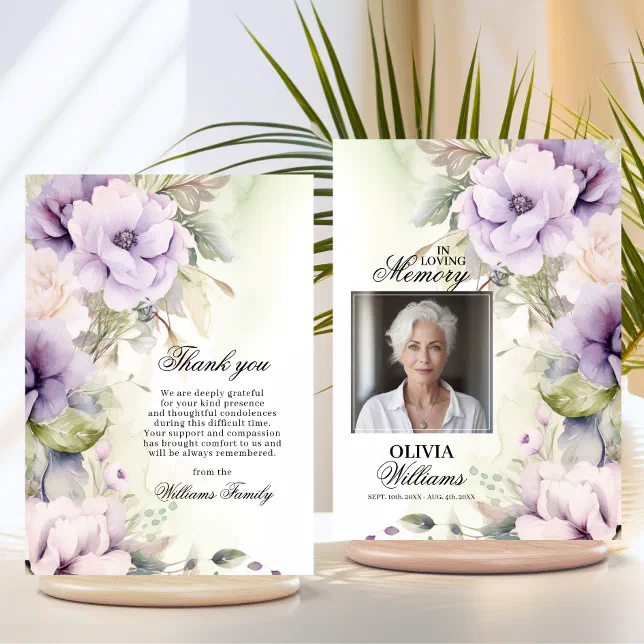 Elegant Lavender Floral Funeral Thank You | PHOTO Card | Zazzle