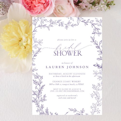 Elegant Lavender Floral Leaf Bridal Shower Invitation