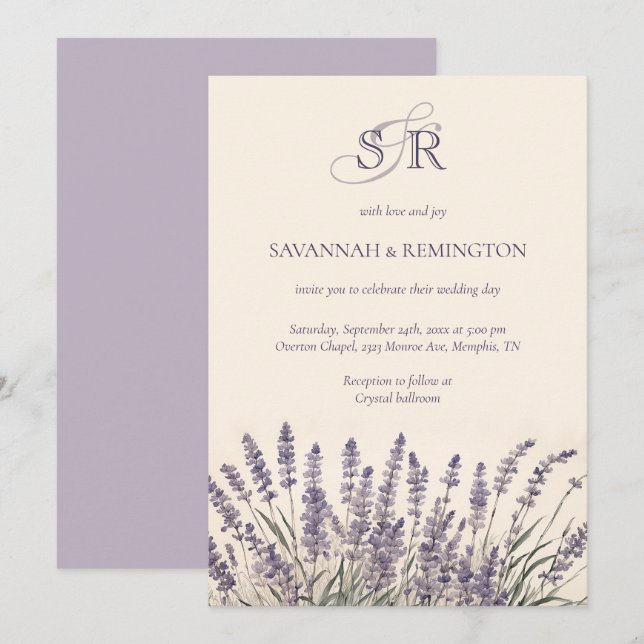 Elegant Lavender Floral Monogrammed Wedding Invitation (Front/Back)