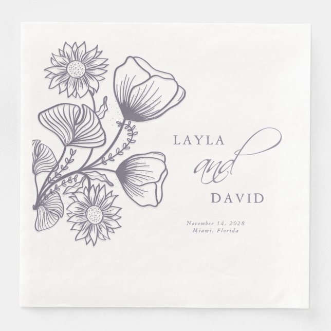 Elegant Lavender Floral Outline Wedding Paper Dinner Napkins (Front)