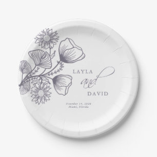 Elegant Lavender Floral Outline Wedding Paper Plates