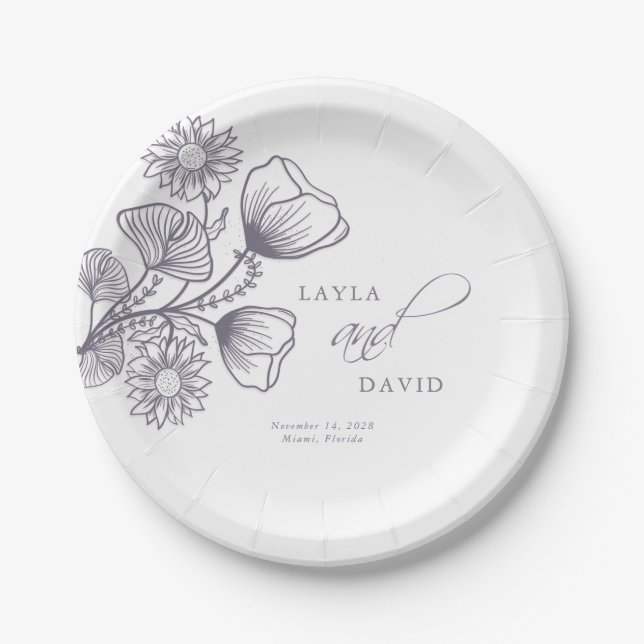 Elegant Lavender Floral Outline Wedding Paper Plates (Front)