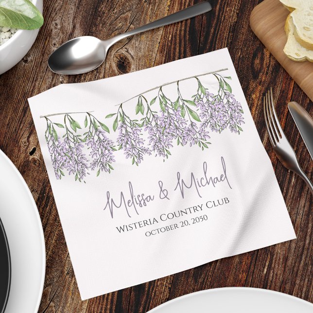 Elegant Lavender Floral Personalized Wedding Napkins (Elegant lilac lavender floral wisteria custom cocktail napkin, )