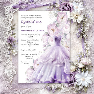 Elegant Lavender Floral Quinceañera Ball Gown    Invitation