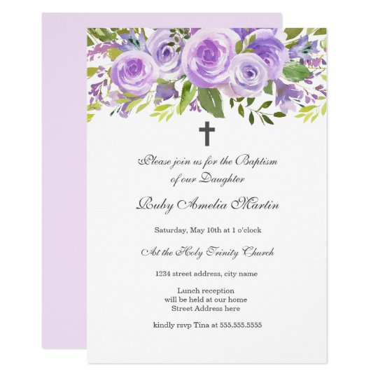 Elegant Lavender Floral Rose Baptism Invitation 