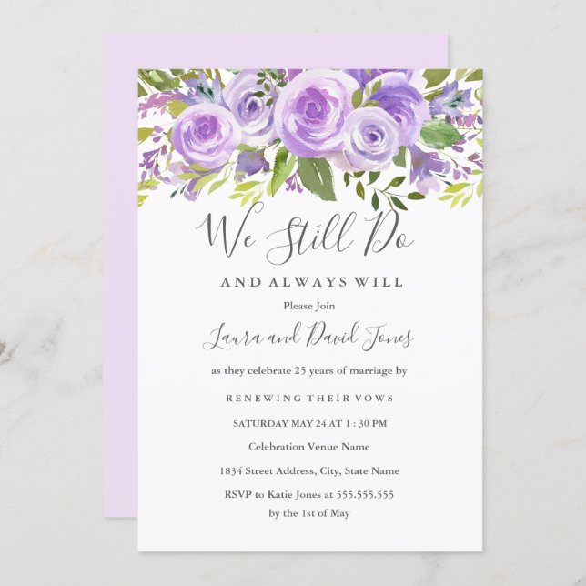Elegant Lavender Floral Rose Wedding Vow Renewal Invitation (Front/Back)