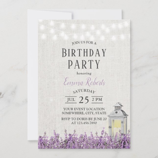 Elegant Lavender Floral Vintage Lantern Birthday Invitation (Front)