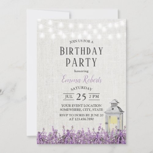 Elegant Lavender Floral Vintage Lantern Birthday Invitation