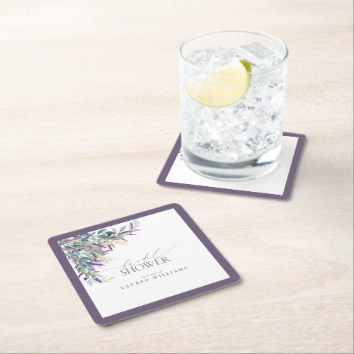 Elegant Lavender Floral Watercolor Bridal Shower Square Paper Coaster