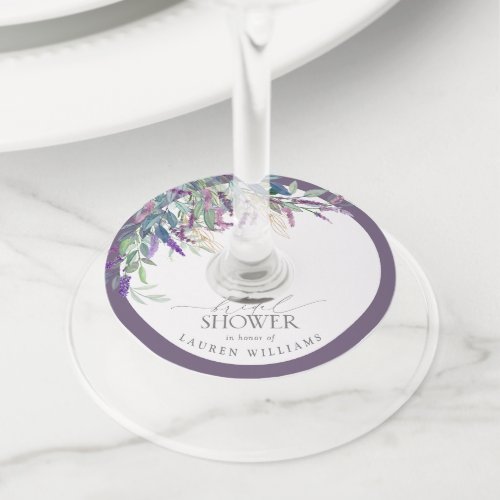 Elegant Lavender Floral Watercolor Bridal Shower Wine Glass Tag