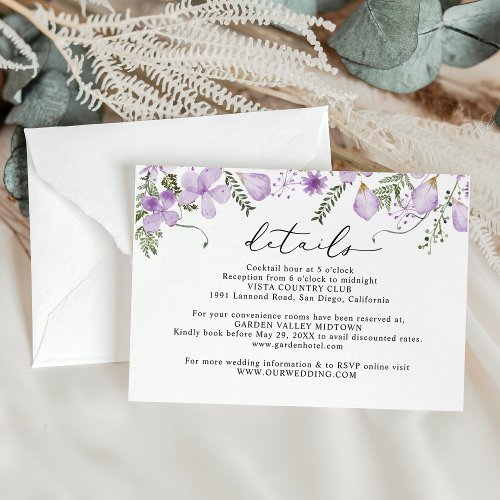 Elegant Lavender Floral Wedding Details  Enclosure Card
