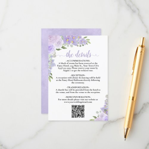Elegant Lavender Floral Wedding Details QR Code Enclosure Card