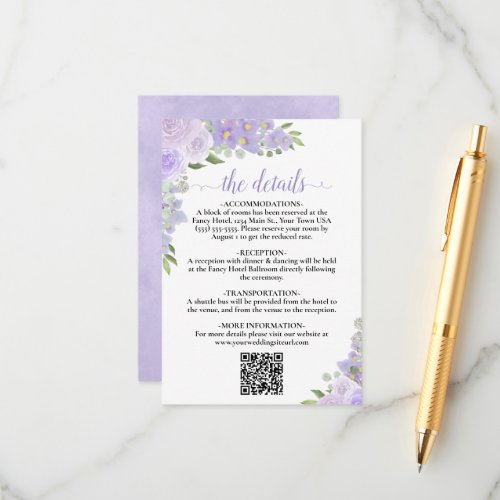 Elegant Lavender Floral Wedding Details QR Code Enclosure Card