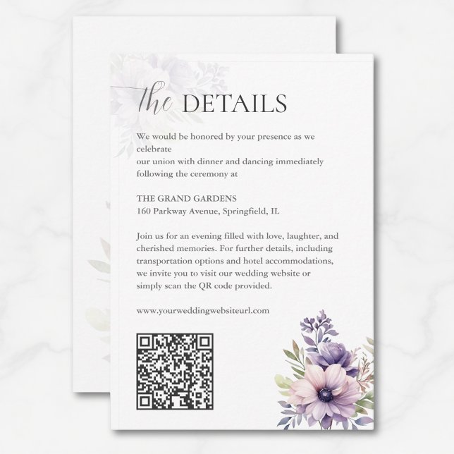 Elegant Lavender Floral Wedding Details QR Code  Enclosure Card (Creator Uploaded)