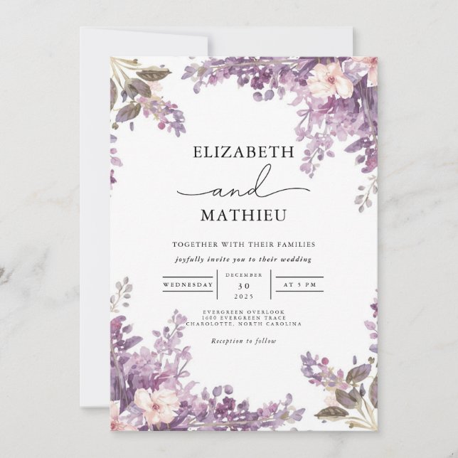 Elegant Lavender Floral Wedding Invitation (Front)