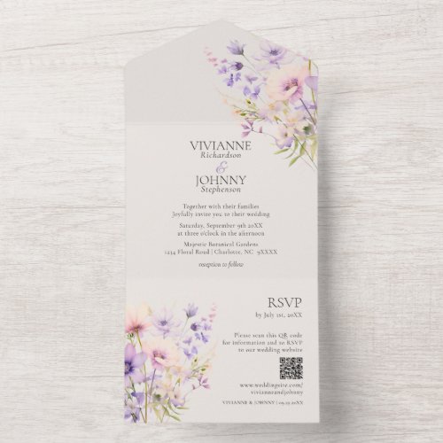 Elegant Lavender Floral Wildflowers QR RSVP  All In One Invitation